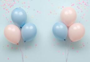 Soft baby blue and blush pink balloons on the left, with pastel confetti, leaving a clean and open space on the right for design or text photo