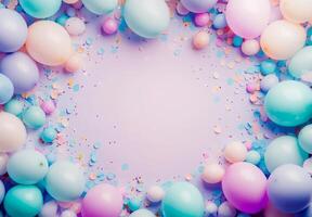 Playful pastel balloons and soft-colored confetti scattered across the frame, leaving an open space in the center for a message photo