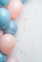 Soft baby blue and blush pink balloons on the left, with pastel confetti, leaving a clean and open space on the right for design or text photo
