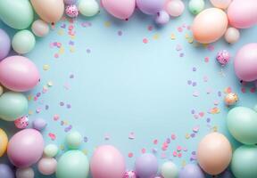 Playful pastel balloons and soft-colored confetti scattered across the frame, leaving an open space in the center for a message photo