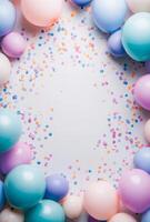 Playful pastel balloons and soft-colored confetti scattered across the frame, leaving an open space in the center for a message photo
