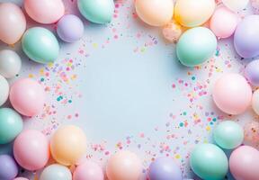 Playful pastel balloons and soft-colored confetti scattered across the frame, leaving an open space in the center for a message photo