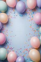 Playful pastel balloons and soft-colored confetti scattered across the frame, leaving an open space in the center for a message photo