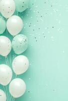 Pastel mint and white balloons on the left side, accompanied by light confetti, with plenty of free space on the right for text or design photo