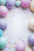 Playful pastel balloons and soft-colored confetti scattered across the frame, leaving an open space in the center for a message photo