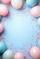Playful pastel balloons and soft-colored confetti scattered across the frame, leaving an open space in the center for a message photo