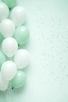 Pastel mint and white balloons on the left side, accompanied by light confetti, with plenty of free space on the right for text or design photo