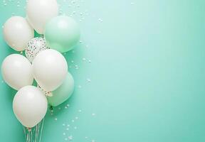 Pastel mint and white balloons on the left side, accompanied by light confetti, with plenty of free space on the right for text or design photo