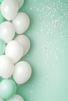 Pastel mint and white balloons on the left side, accompanied by light confetti, with plenty of free space on the right for text or design photo