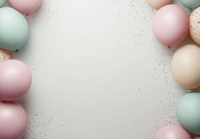Muted pastel-colored balloons positioned on the left side, with scattered confetti, and an open space on the right for a message or design photo
