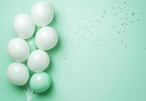Pastel mint and white balloons on the left side, accompanied by light confetti, with plenty of free space on the right for text or design photo