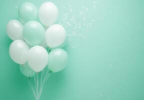 Pastel mint and white balloons on the left side, accompanied by light confetti, with plenty of free space on the right for text or design photo