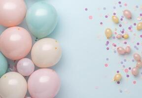 Muted pastel-colored balloons positioned on the left side, with scattered confetti, and an open space on the right for a message or design photo