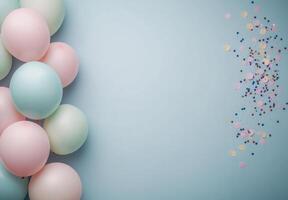 Muted pastel-colored balloons positioned on the left side, with scattered confetti, and an open space on the right for a message or design photo
