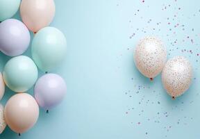 Muted pastel-colored balloons positioned on the left side, with scattered confetti, and an open space on the right for a message or design photo