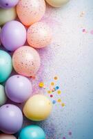 Muted pastel-colored balloons positioned on the left side, with scattered confetti, and an open space on the right for a message or design photo