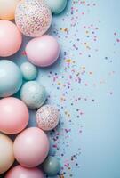 Muted pastel-colored balloons positioned on the left side, with scattered confetti, and an open space on the right for a message or design photo