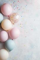 Muted pastel-colored balloons positioned on the left side, with scattered confetti, and an open space on the right for a message or design photo