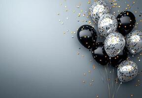 Luxurious black and silver balloons on the right side, with golden confetti, creating an elegant feel with empty space on the left photo