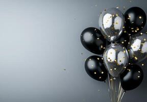 Luxurious black and silver balloons on the right side, with golden confetti, creating an elegant feel with empty space on the left photo