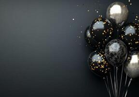 Luxurious black and silver balloons on the right side, with golden confetti, creating an elegant feel with empty space on the left photo
