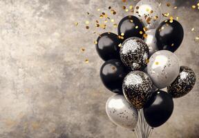 Luxurious black and silver balloons on the right side, with golden confetti, creating an elegant feel with empty space on the left photo