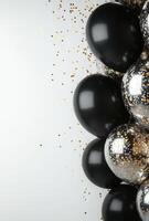 Luxurious black and silver balloons on the right side, with golden confetti, creating an elegant feel with empty space on the left photo