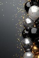 Luxurious black and silver balloons on the right side, with golden confetti, creating an elegant feel with empty space on the left photo
