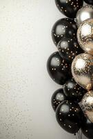 Luxurious black and silver balloons on the right side, with golden confetti, creating an elegant feel with empty space on the left photo