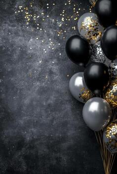 lujoso negro y plata globos en el Derecha lado, con dorado papel picado, creando un elegante sensación con vacío espacio en el izquierda foto