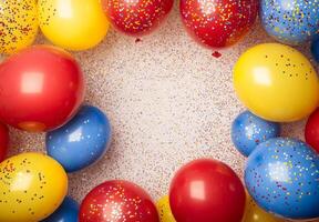 Jubilant red, yellow, and blue balloons surrounded by glittering confetti, with ample free space in the middle for graphic elements photo