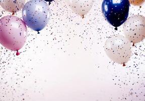 Helium balloons and swirling confetti floating across a light background, with a clean, spacious area in the middle photo