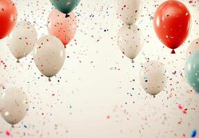 Helium balloons and swirling confetti floating across a light background, with a clean, spacious area in the middle photo