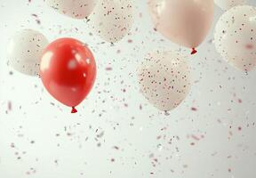 Helium balloons and swirling confetti floating across a light background, with a clean, spacious area in the middle photo