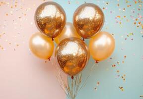 Golden balloons and shimmering confetti against a soft pastel backdrop, with free space in the middle for customization photo