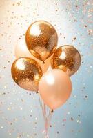 Golden balloons and shimmering confetti against a soft pastel backdrop, with free space in the middle for customization photo