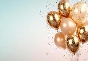 Golden balloons and shimmering confetti against a soft pastel backdrop, with free space in the middle for customization photo
