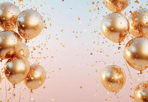 Golden balloons and shimmering confetti against a soft pastel backdrop, with free space in the middle for customization photo
