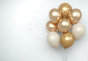 Golden and champagne-colored balloons positioned on the right, with sparkling confetti, creating an elegant vibe with free space on the left photo
