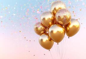 Golden balloons and shimmering confetti against a soft pastel backdrop, with free space in the middle for customization photo