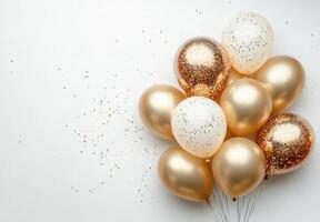 Golden and champagne-colored balloons positioned on the right, with sparkling confetti, creating an elegant vibe with free space on the left photo