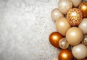 Golden and champagne-colored balloons positioned on the right, with sparkling confetti, creating an elegant vibe with free space on the left photo