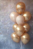 Golden and champagne-colored balloons positioned on the right, with sparkling confetti, creating an elegant vibe with free space on the left photo