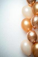 Golden and champagne-colored balloons positioned on the right, with sparkling confetti, creating an elegant vibe with free space on the left photo