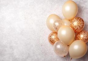 Golden and champagne-colored balloons positioned on the right, with sparkling confetti, creating an elegant vibe with free space on the left photo