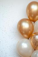 Golden and champagne-colored balloons positioned on the right, with sparkling confetti, creating an elegant vibe with free space on the left photo