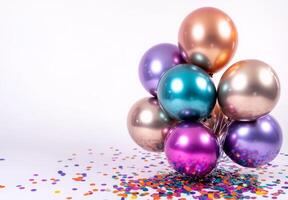 Glossy metallic balloons surrounded by vibrant confetti on a plain background, with plenty of free space for text photo