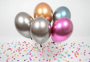 Glossy metallic balloons surrounded by vibrant confetti on a plain background, with plenty of free space for text photo