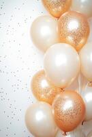 Golden and champagne-colored balloons positioned on the right, with sparkling confetti, creating an elegant vibe with free space on the left photo