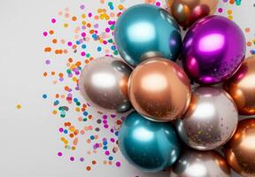 Glossy metallic balloons surrounded by vibrant confetti on a plain background, with plenty of free space for text photo